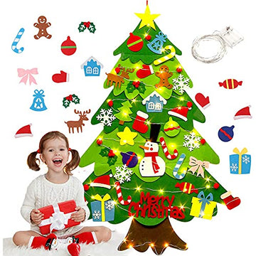 izosen Felt Christmas Tree for Kids Wall with Led String Light, 3Ft Wall Hanging DIY Felt Christmas Tree & 32 Felt Detachable Ornaments for Boys Girls