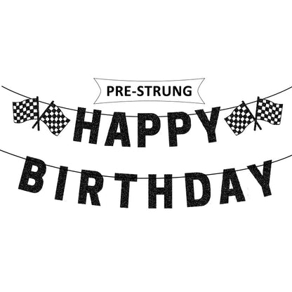 Pre-Strung Race Car Happy Birthday Banner, Race Cars Party Birthday Decorations for Boy, Black Racing Themed Birthday Party Decorations, Let’s Go