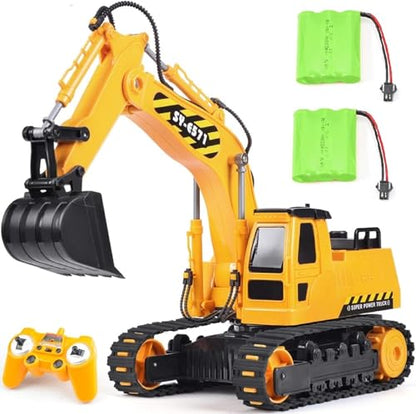 DOUBLE E Remote Control Excavator Toy, 2*Batteries 2.4GHz RC Excavator, 6-in-1 Digging/360° Rotation, 20M Range Sandbox Construction Toys Birthday