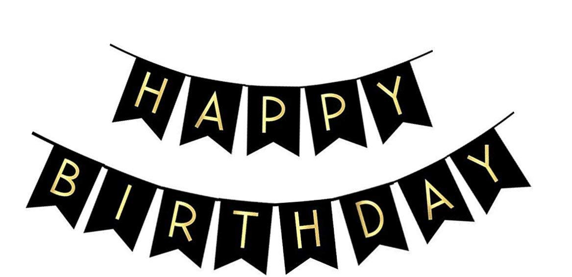 Fecedy Black Happy Birthday Bunting Banner with Shiny Gold Letters Pre-Strung No DIY for Birthday Party Decorations (Black)