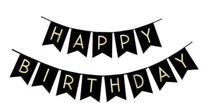 Fecedy Black Happy Birthday Bunting Banner with Shiny Gold Letters Pre-Strung No DIY for Birthday Party Decorations (Black)