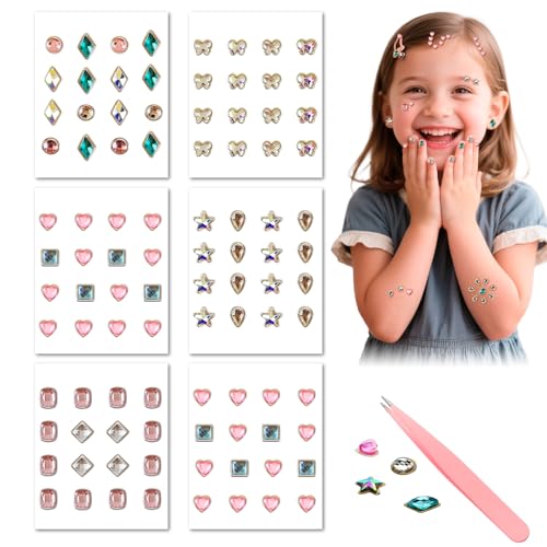 6 Sheet 3D Reusable Gem Stick on Earrings for Little Girls,Strong Self-Adhesive Crystal Sticky Earring for Infant Baby,Adhesive Rhinestone Earring