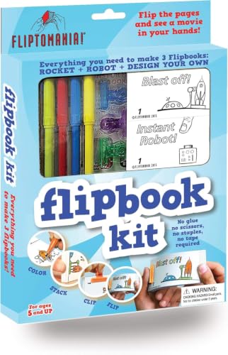 Fliptomania Flipbook Make-Your-Own Flip Book Kit for Kids 3 Pack, Rocket, Robot, & Blank DIY Flipbook Paper, Drawing Kids Arts & Crafts Project Set