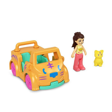 Polly Pocket Collectible Micro Mini Metal Vehicle, Poseable Doll and Pet Set - Kerstie Kitty with Kitty Cat Orange Convertible Car and Yellow Kitten