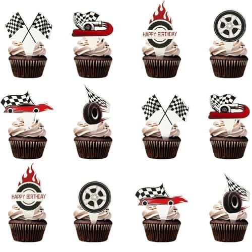24 PCS Hot Cars Cupcake Toppers Race Car Cake Decorations Checkered Theme Cake Decoration for Boy Girl Baby Shower Birthday Party Cake Decors Supplies