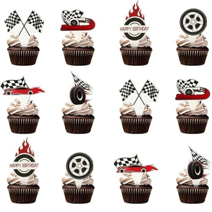 24 PCS Hot Cars Cupcake Toppers Race Car Cake Decorations Checkered Theme Cake Decoration for Boy Girl Baby Shower Birthday Party Cake Decors Supplies