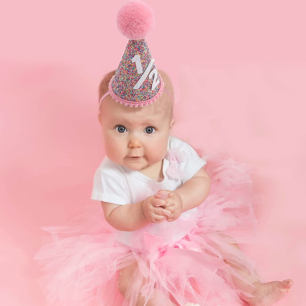 SYESQL Half Birthday Rainbow Cone Hat - Glitter Half Hats Pink,6 Months Party Decor (1/2 Rainbow Hat)