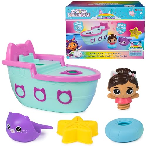 DREAMWORKS GABBY'S DOLLHOUSE Gabby & SS Mercat Bath Set, Floating Toddler Bath Toys with Cruise Ship & Squirter, Kids Toys for Girls & Boys Ages 3+