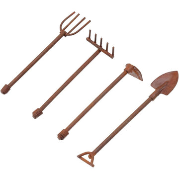 4Pcs Dollhouse Miniatures, 1/12 Scale Miniature Dollhouse Farm Tool Accessories, Mini Farm Tool Shovel Rake for Micro-Landscape Scene Decor