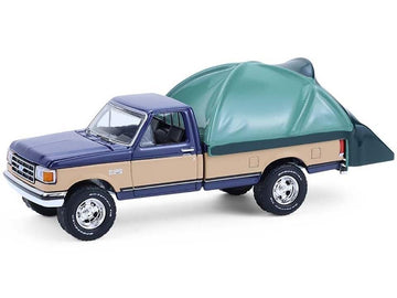 1987 F 150 XLT Lariat Pickup Truck Dark Blue and Tan with Modern Truck Bed Tent The Great Outdoors Series 4 1/64 Diecast Model Car by Greenlight