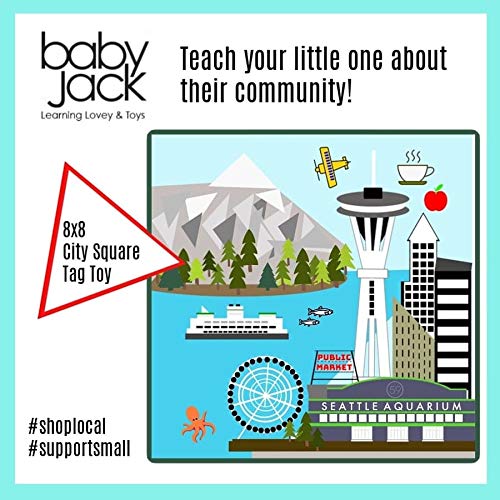 Baby Jack & Co 8x8” Learning Lovey Seattle Washington Tag Toys for Babies - Baby Crinkle Toys - Soft & Safe - Learn USA Cities and Shapes - Ideal Baby