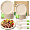 FEHHTO Compostable Paper Plates Set, 250PCS Disposable Heavy-Duty Sugarcane Plate and Eco-Friendly Utensil Biodegradable Dinnerware Plates, Extra Long