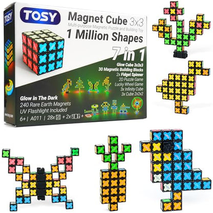 TOSY Magnet Cube 3x3 - 240 Magnets, 30 Blocks, 7in1 Toy: Puzzle Cube Game, Creative Building Blocks, Transformable Fidget Spinner, Infinity Cube