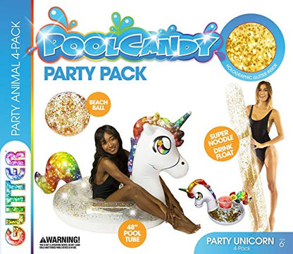 PoolCandy Pool Party Pack - Unicorn 4-Pack Includes 48 inch Glitter Unicorn with Matching Drink Float, 72 inch Super Noodle, and Jumbo Glitter Beach
