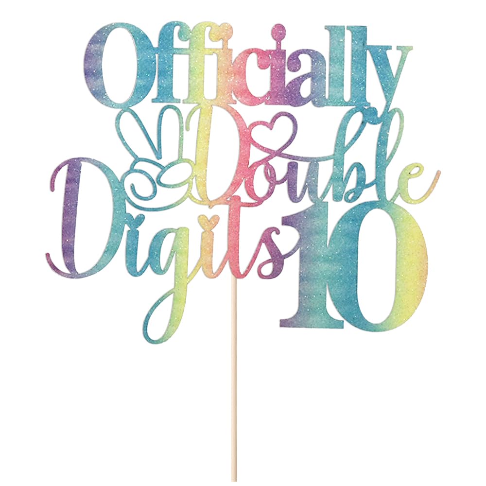 Sleyberoy Rainbow Gradient Glitter Officially Double Digits 10 Cake Topper