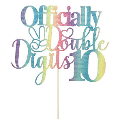 Sleyberoy Rainbow Gradient Glitter Officially Double Digits 10 Cake Topper