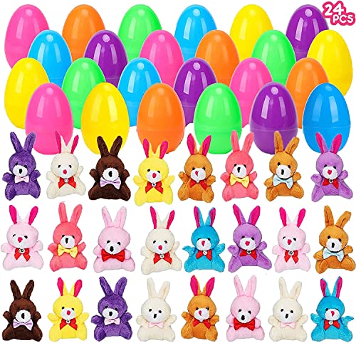 24 Pcs Filled Easter Eggs with Plush Bunny,Colorful Easter Eggs Prefilled with Plush Bunnies,Plush Animals Stuffed Toy for Kids Toddlers Easter Egg