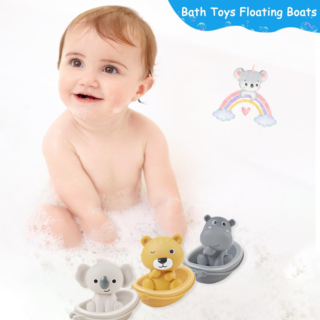 Auvitaya Baby Bath Toy Stackable Infant Bathtub Toys Stacking Floating Boat Train with Animal Finger Puppets Bath Toy Silicone Hand Puppet Educational