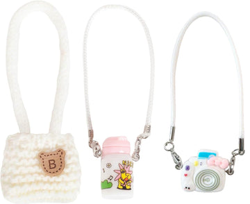 CiuZikGok 3pcs Doll Accessories Set Included White Knitted Bag, Purple Camera Charm & White Water Charm Dress Up Accessories for 17cm Doll, Mini
