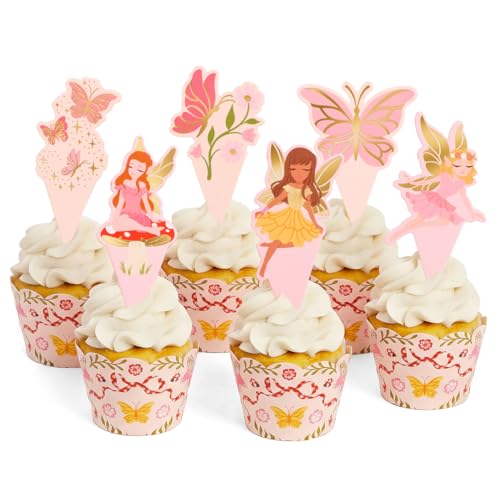 xo, Fetti Garden Fairy Cupcake Toppers and Wrappers - 24 pc Set | Woodland Decorations, Fairy First, Tea Party, Kids Birthday, Butterfly, Pink Floral