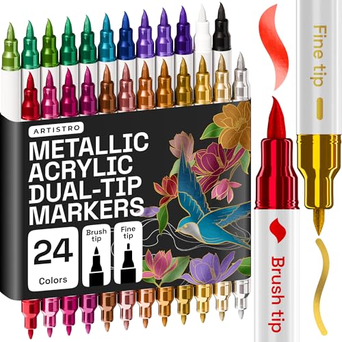 ARTISTRO 24 Metallic Acrylic Paint Markers - Paint Pens for Drawing - For Fabric, Rock, Glass, Wood, Molds - Arts & Crafts Gift for Adults, Teens