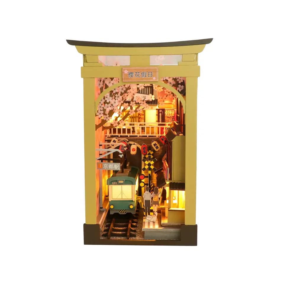 Sakura Densya DIY Book Nook Kit, 3D Wooden Puzzle Bookshelf Insert Decorative Bookend Model Kit with LED, DIY Crafts/Birthday Gifts/Home Decor