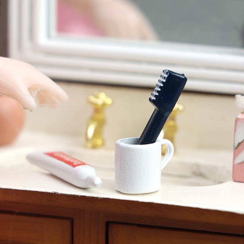 A Set 1/12 Miniature Toothpaste, Toothbrush, Cup Model Dollhouse Bathroom Accessories Toilet toiletries Model, Decorations