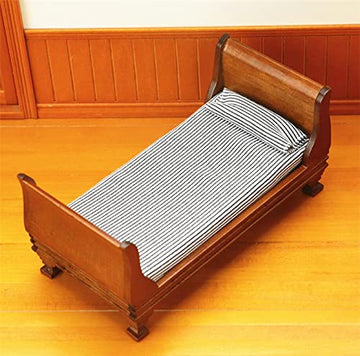 EatingBiting 1:12 Dollhouse Miniature Doll Furniture Vintage Wooden Single Bed Stripe Bedding