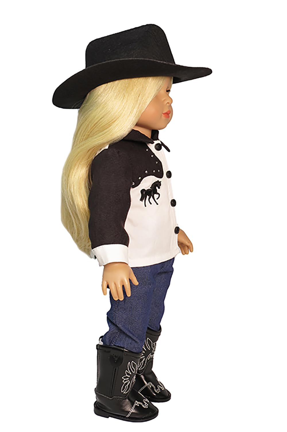 American Fashion World Western Cowboy/Cowgirl Outfit for 18 Inch Dolls - Shirt, Jeans, Black Cowboy Hat & Boots