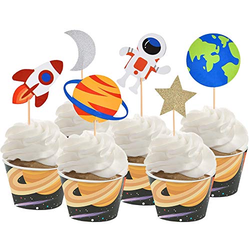 BCHOCKS 30pcs Outer Space Cupcake Toppers, Planet Party Supplies - Birthday Decorations, Rocket, Astronaut, Spaceship Themed Kids Children Party
