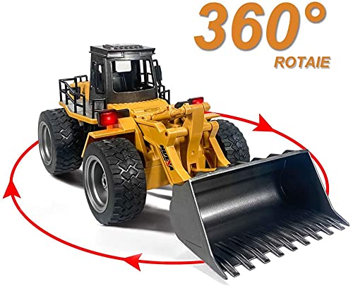 kkny Remote Control Bulldozer Toy Truck, 1/18 Scale RC Metal Rc Front Loader 4WD Construction Vehicles for Boys Girls Kids with Rechargeable Two