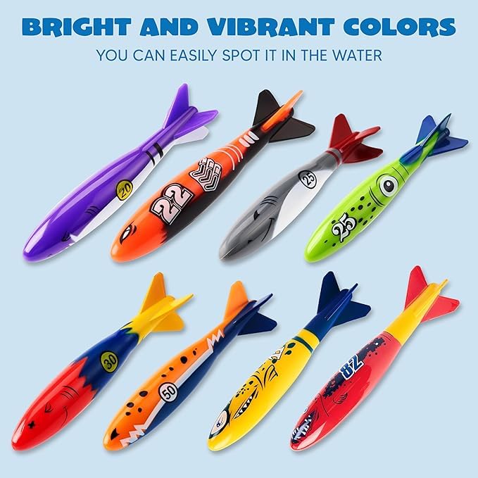 JOYIN 8 Pack Pool Toys, Shark Underwater Diving Toys, Colorful Swimming Toy Sinking Throwing for Kids Gifts Summer Swim Dive Training Water Fun Pool