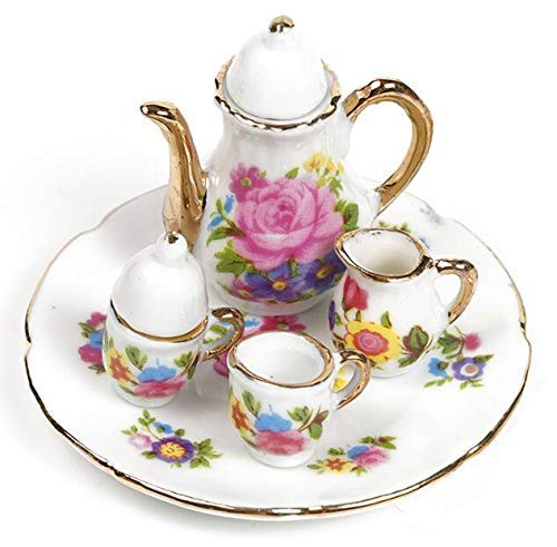 EatingBiting Collection Level 1:12 Elegant Flora Miniature Dollhouse Porcelain Tea Dish, Teapot, Cup, Plate Craft Set, DIY Scene Doll Home Furniture