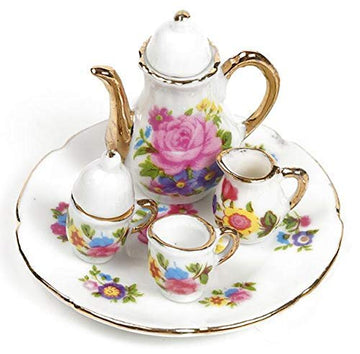 EatingBiting Collection Level 1:12 Elegant Flora Miniature Dollhouse Porcelain Tea Dish, Teapot, Cup, Plate Craft Set, DIY Scene Doll Home Furniture