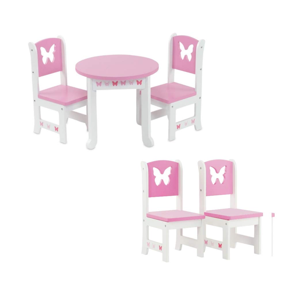 Emily Rose 18 Inch Doll Dining Table and 2 Chairs Set - Pink Butterfly Collection - Compatible with American Girl, Our Generation, My Life As & Adora