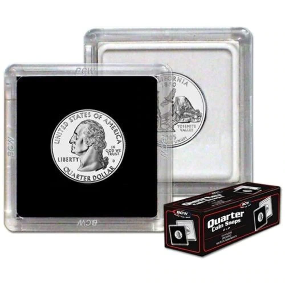 BCW 2x2 Snap Holder - 25 ct Quarter Case | Archival Safe Protector | Crystal Clear Polystyrene Display Box | Ideal for US Washington Quarters |
