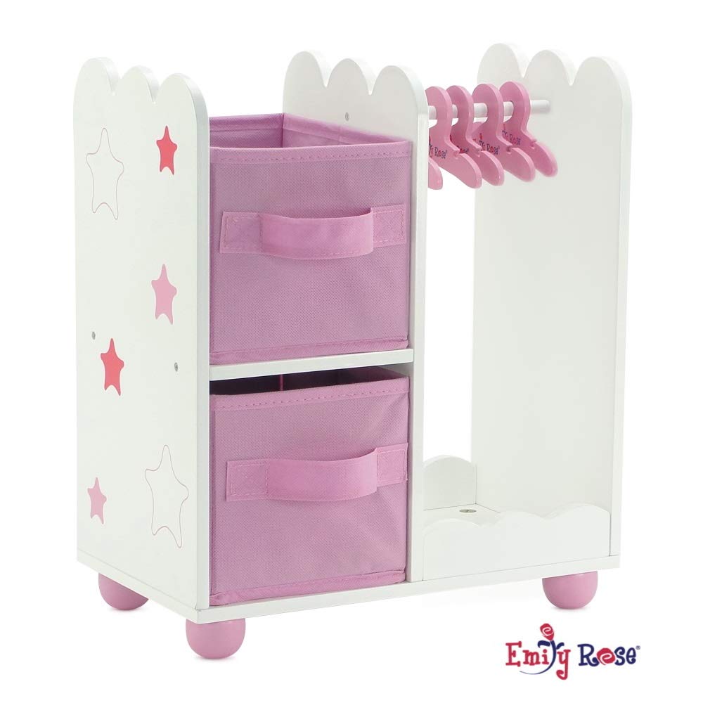 Emily Rose 14 Inch Doll Furniture - Open Wardrobe Closet with Hangers & Storage Bins - Wooden Organizer for Wellie Wishers, Glitter Girls & 14” Dolls