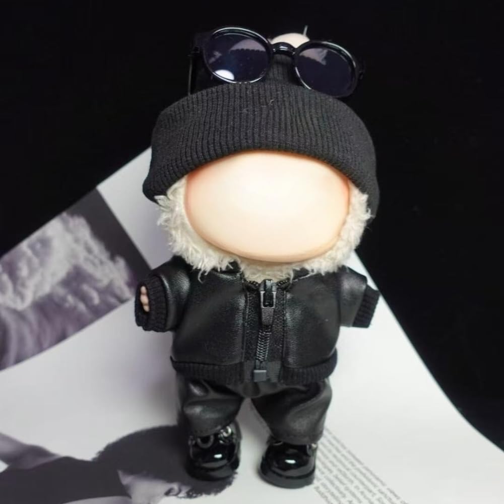 Clothes for Labubu Faux Leathe Cool 5-Piece Set - Biker Jacket,Pants,Shoes,Knit Hat & Sunglasses for 17cm Dolls(No Doll) (Black)