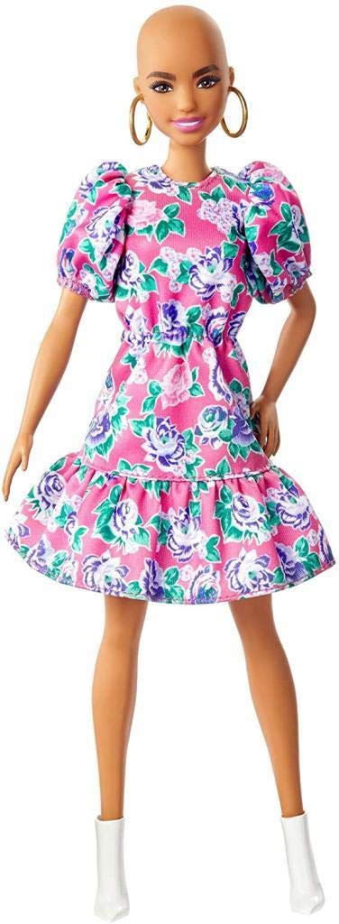 Barbie Fashionistas Doll #150 with No-Hair Look Wearing Pink Floral Dress, White Booties & Earrings, Toy for Kids 3 to 8 Years Old