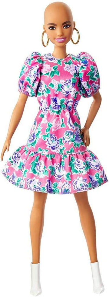 Barbie Fashionistas Doll #150 with No-Hair Look Wearing Pink Floral Dress, White Booties & Earrings, Toy for Kids 3 to 8 Years Old