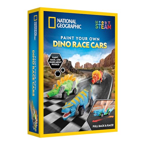 National Geographic Pull Back Dinosaur Race Cars Craft Kit - Paint 3 Dino Racecars with 6 Paint Colors, Dinosaur Toys for Kids, Kids Painting Kit