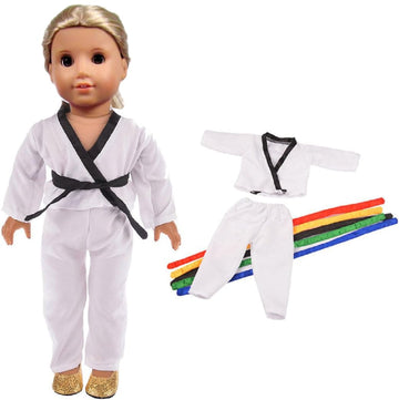 18 Inch Girl Doll Clothes White Karate / Tae Kwon Do Outfit Includes Blouse, Pants and 5 Belts - Yellow, Green, red, Blue and Black - for 18inch Girl