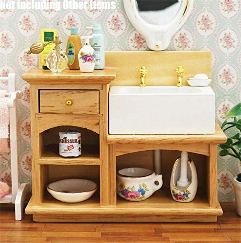 EatingBiting MINI House Bathroom Kitchen Decor Sink 1/12 Wooden Wash Basin Cabinet with Ceramic Hand Sink for Bathroom Kitchen Decoration Accessories