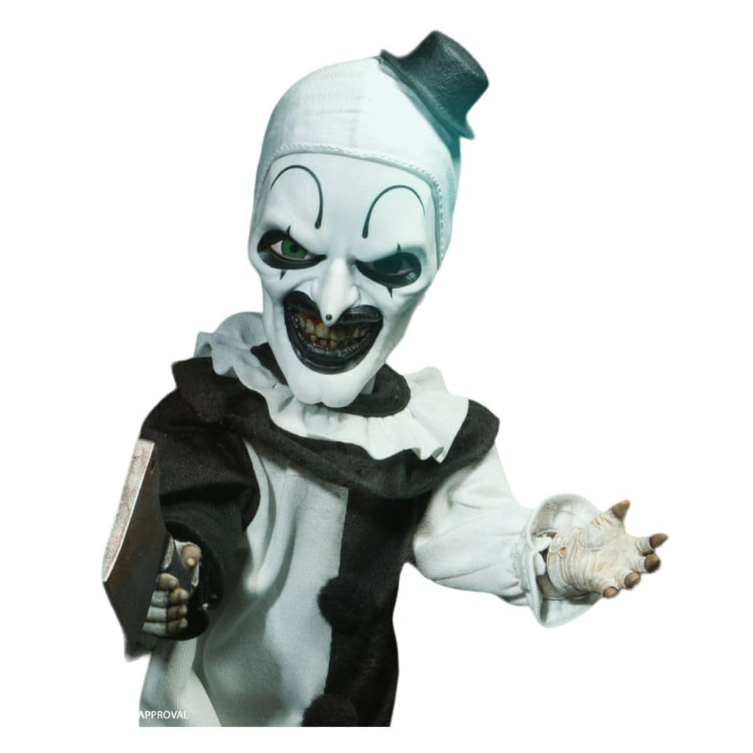 Mezco Terrifier - Living Dead Doll 10.5-Inch Art The Clown Doll with New Head Sculpt, Pom-Pom and Ruffle Detailing Black-and-White Costume, and