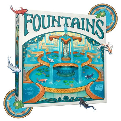 Fountains Board Game, Competitive Tile-Laying Strategy Game, Stunning Art Nouveau Aesthetic, 1-5 Players, Unique 3D Stacking & Drafting, Family