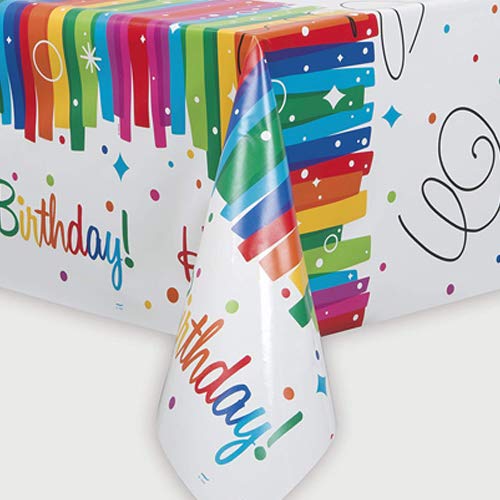 Multicolor Rainbow Ribbons Birthday Plastic Rectangular Table Cover (54" x 84"), Chic Design & Reusable - Perfect For Parties & Celebrations, Pack