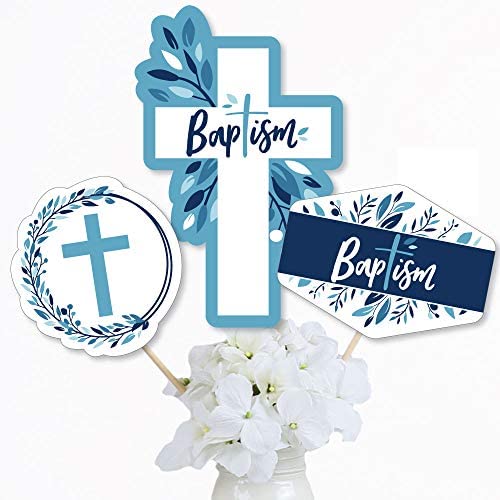 Big Dot of Happiness Baptism Blue Elegant Cross - Boy Religious Party Centerpiece Sticks - Table Toppers - Set of 15