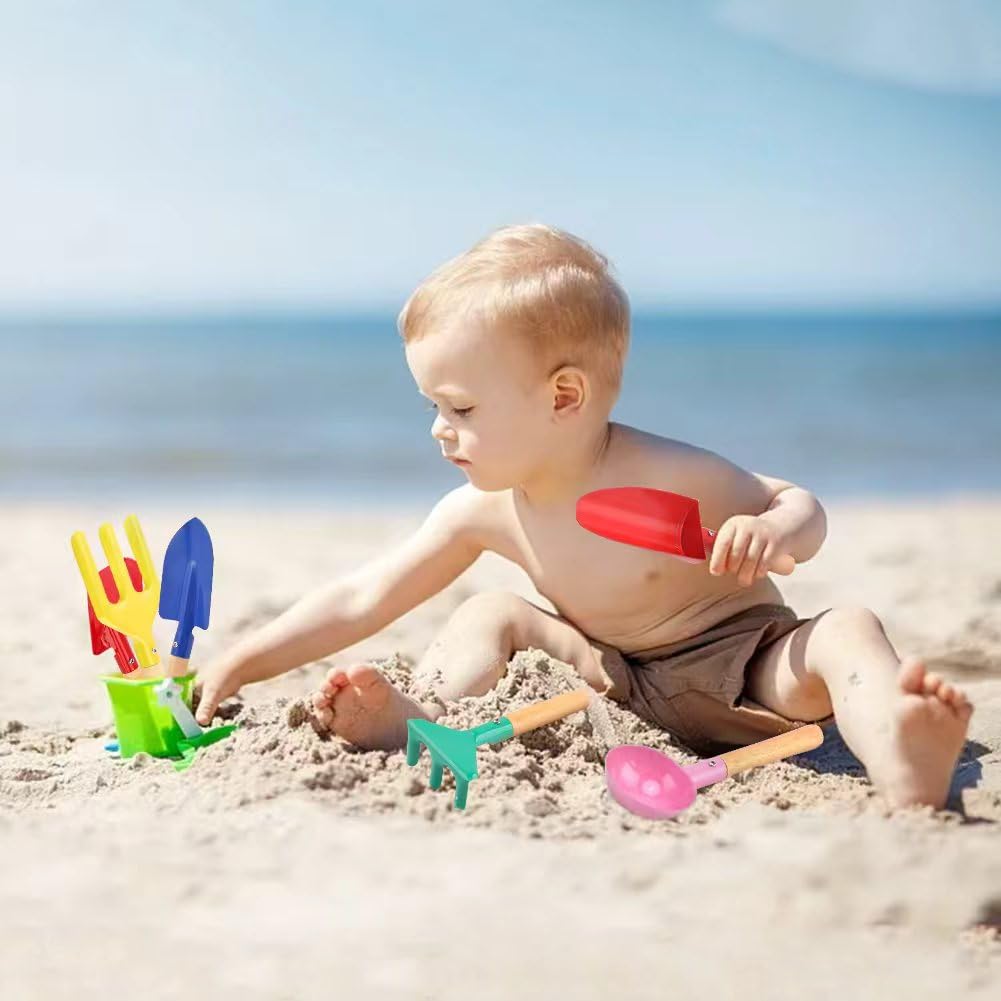 UMUACCAN Beach Toys for Kids,Beach Sand Toys, 8'' Metal Sandbox Toys with Sturdy Wooden Handle,Safe Beach Gardening Set,Spoon, Fork, Trowel, Rake