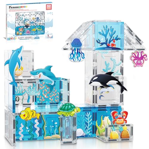 PicassoTiles Magnet Tiles Magnetic Building Blocks Aquarium Marine Animal Theme Set with 8 Character Action Figures Shark Crab Turtle STEM Toys