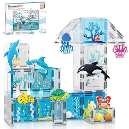 PicassoTiles Magnet Tiles Magnetic Building Blocks Aquarium Marine Animal Theme Set with 8 Character Action Figures Shark Crab Turtle STEM Toys